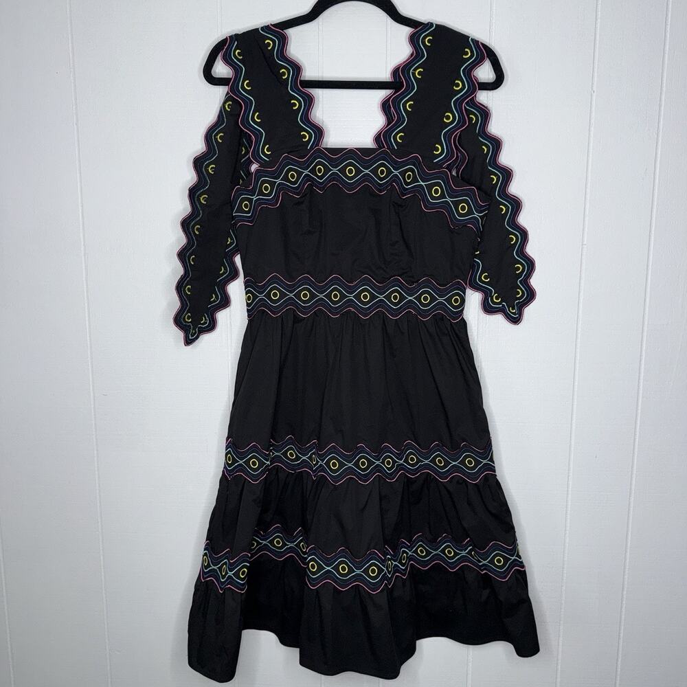 Celia B Women’s Umi Mini Dress Black Scallop Trim Multi Color Piping Size Small